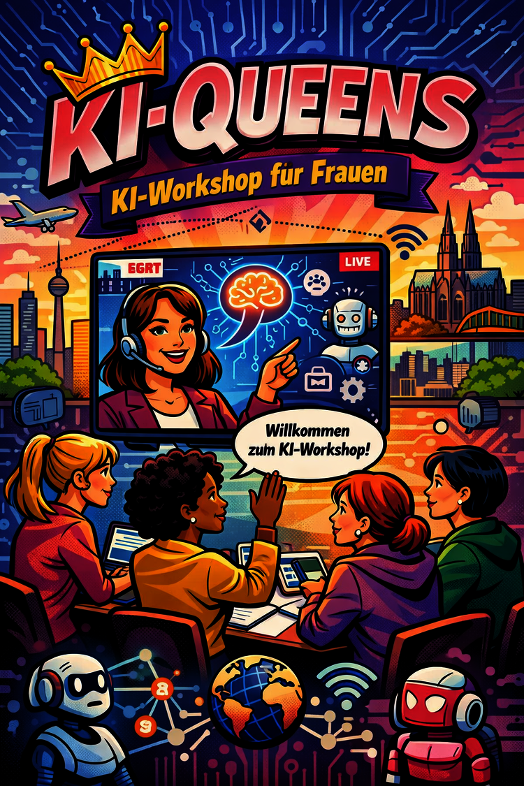 KI generiertes Bild, zeigt 4 Frauen im Kurs mit digitaler Dozentin & mehreren Robotern