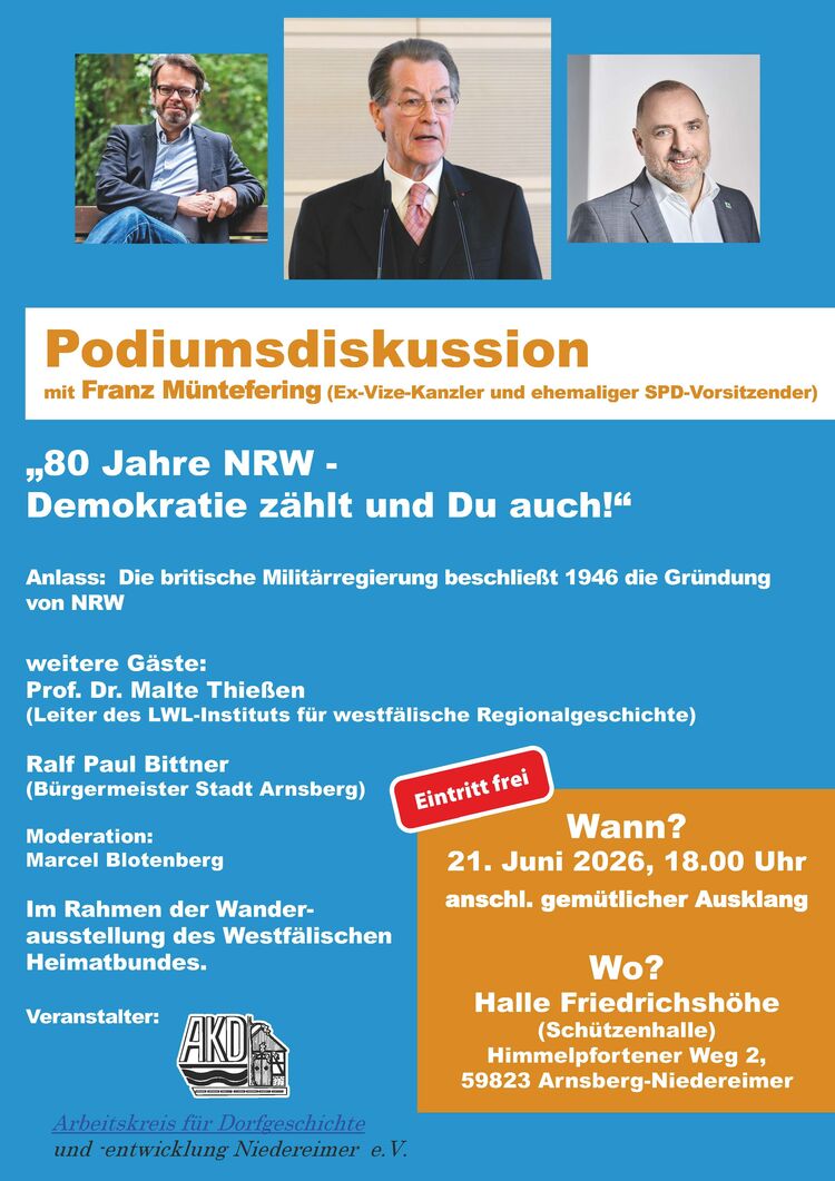 Podiumsdiskussion - Copyright: Prof. Dr. Malte Thießen, Franz Müntefering und BM Ralf Paul Bittner / Arbeitskreis für Dorfgeschichte und -entwicklung Niedereimer e.V.